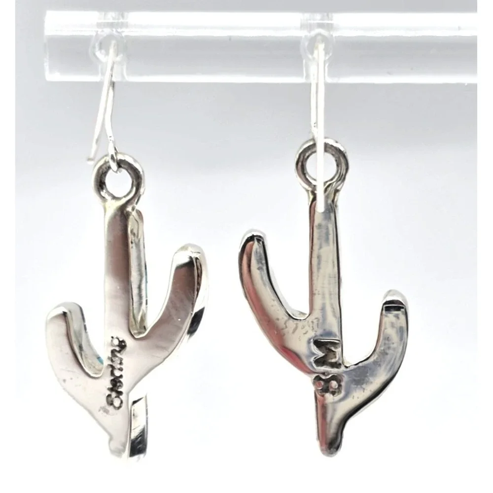 Multi-Gemstone Cacti Earrings Sterling Silver Inlays 0.94" Handmade Signed NEW - Picture 7 of 13